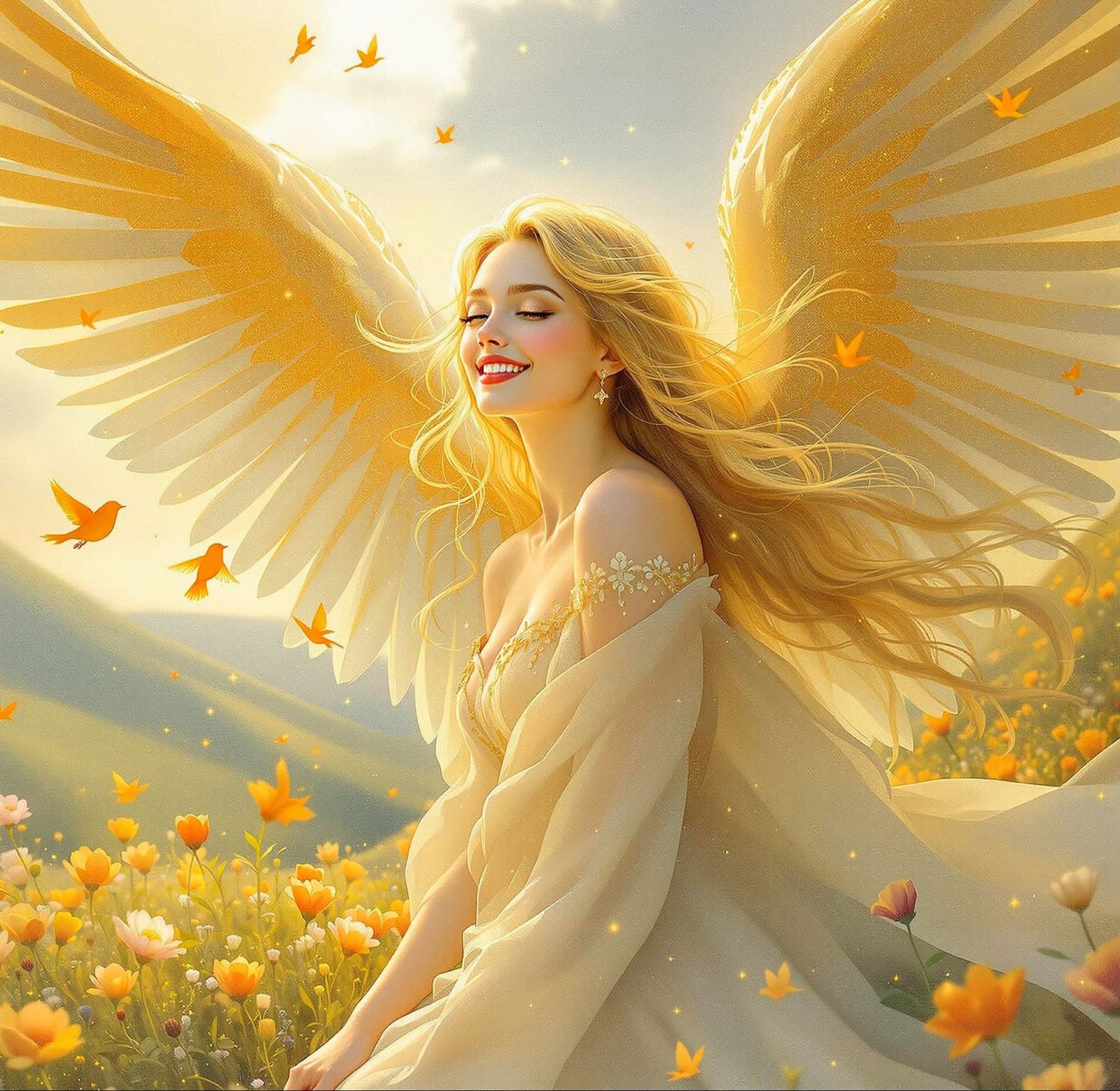 Angel in Dreamy Watercolour with Golden Wings and Flowers