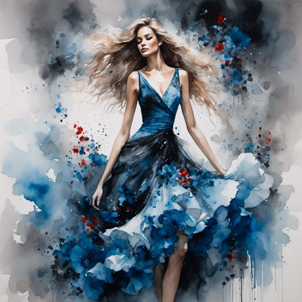 Elegant Girl in Blue Dress with Blooming Flower