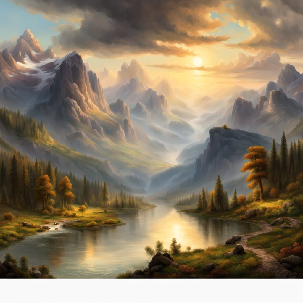 Romantic Valley Landscape with River and Mountains