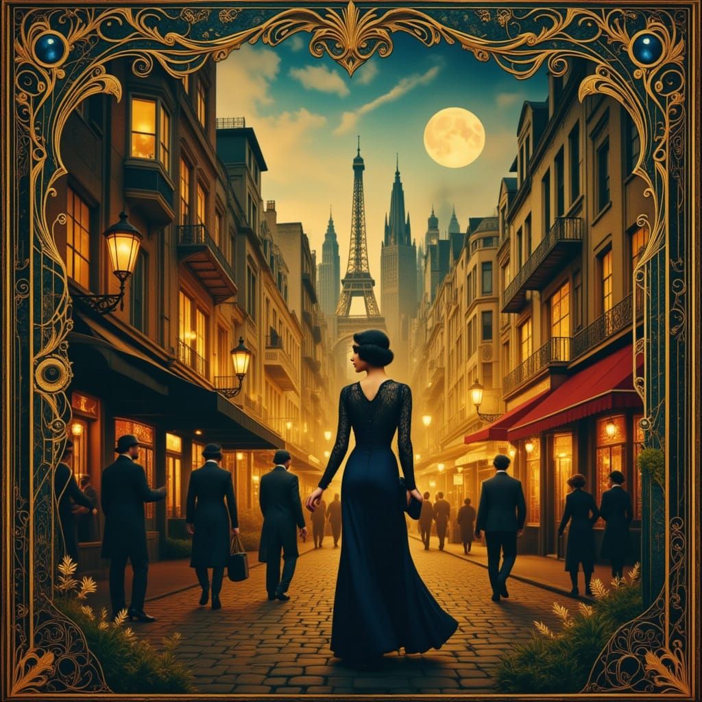 La Boheme Woman in Art Deco Parisian Streetscape