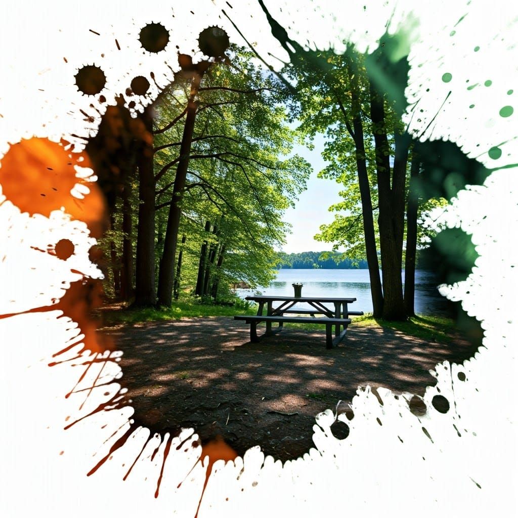 Serene Lake Scene in Vibrant Ink Splatter Art