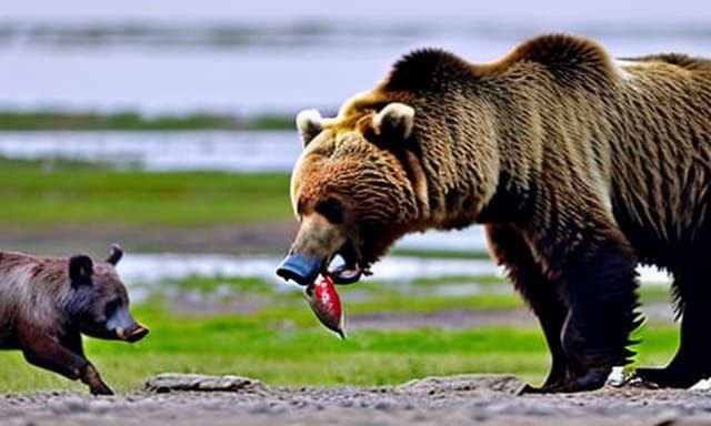 Grizzly Bear Shares Salmon With Pig