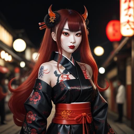 Oni Yokai Girl in Hibiya Street with Koi Tattoo