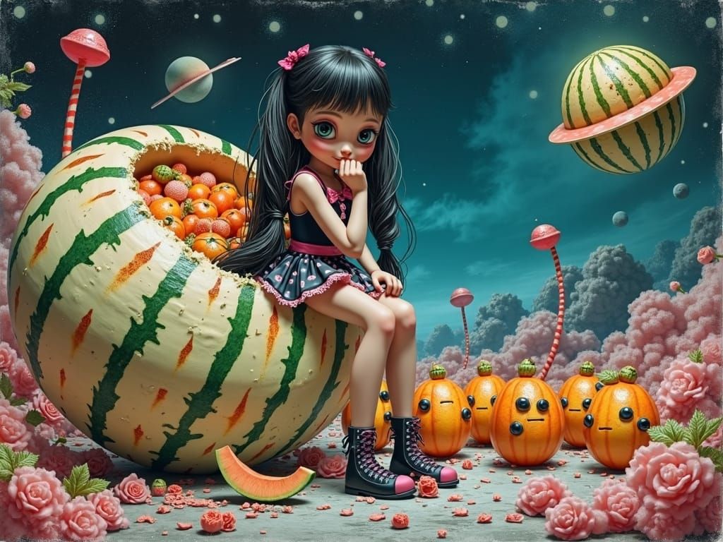 alien melon spaceship, slightly inappropiate young anime girl