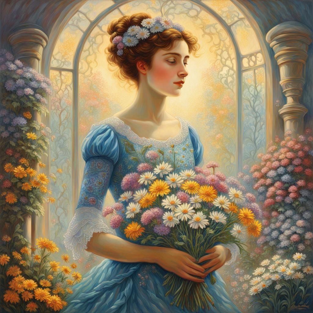 Stained Glass Window: Woman with Daisies in Art Nouveau Styl...