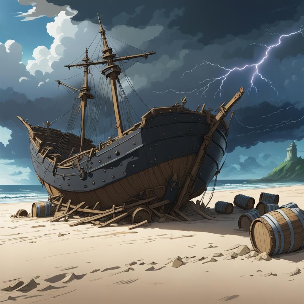Galleon Wreck After Storm, Ghibli Style