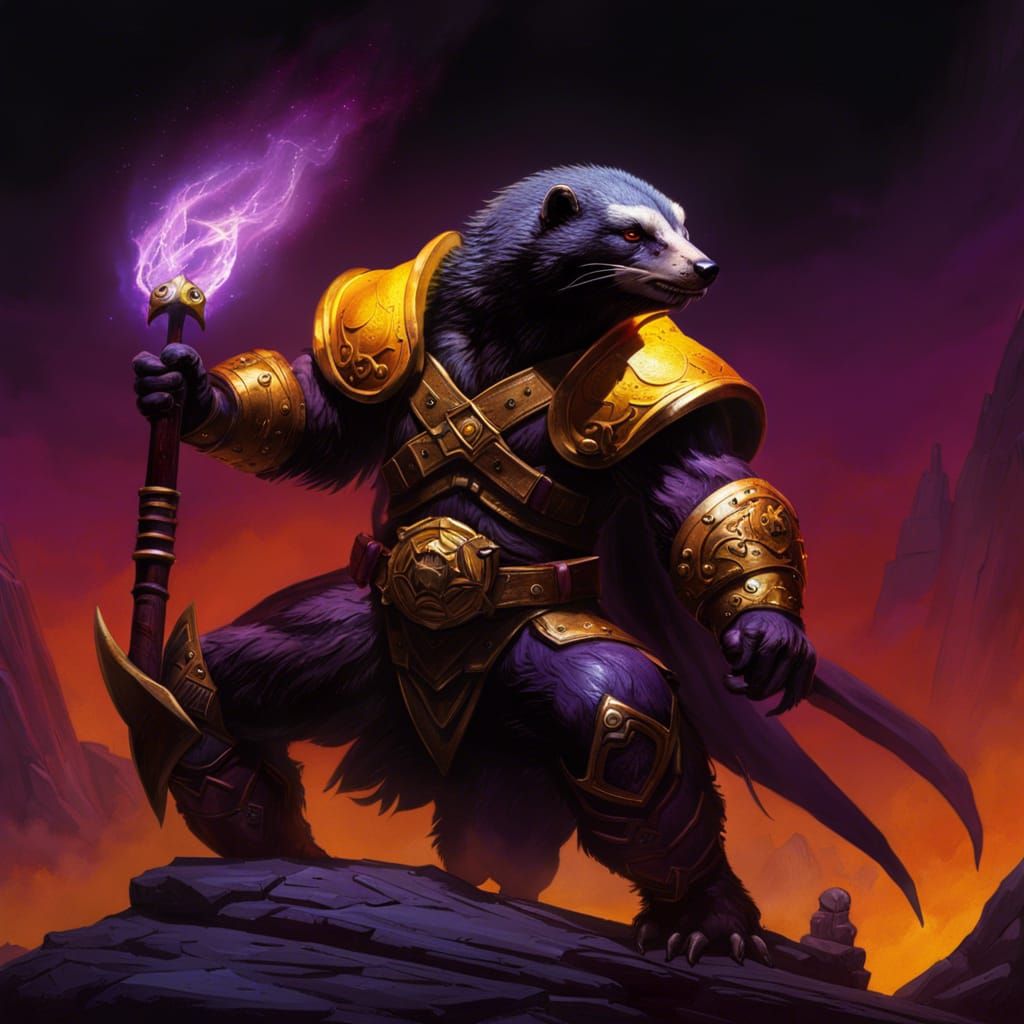 Fiery Honey Badger Sorcerer in Dark Fantasy Style