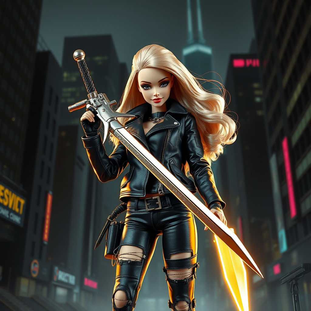 Cyberpunk Cyborg Barbie Warrior in Urban Metropolis