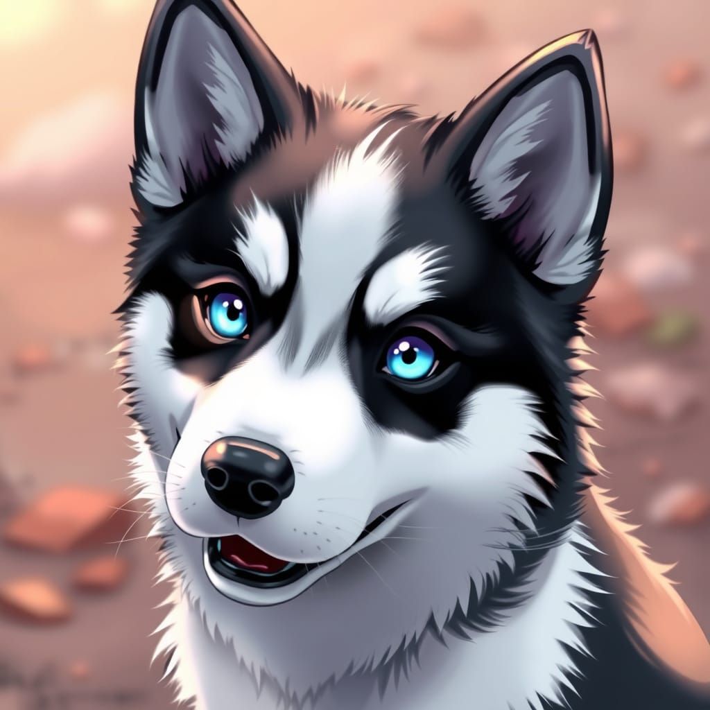 Anime Husky with Vibrant Blue Eyes in Monochrome