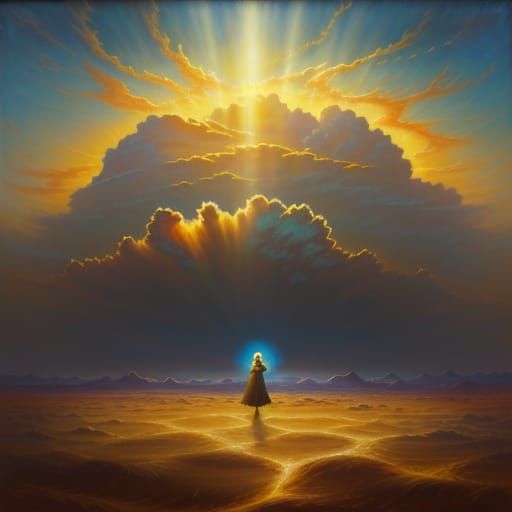 Surreal Woman in Desolate Landscape Oil Painting