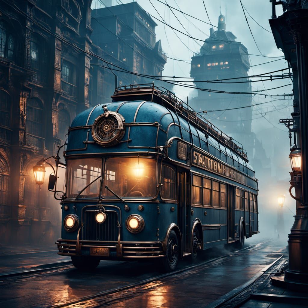 Majestic Steampunk Bus Dominates Foggy Cityscape