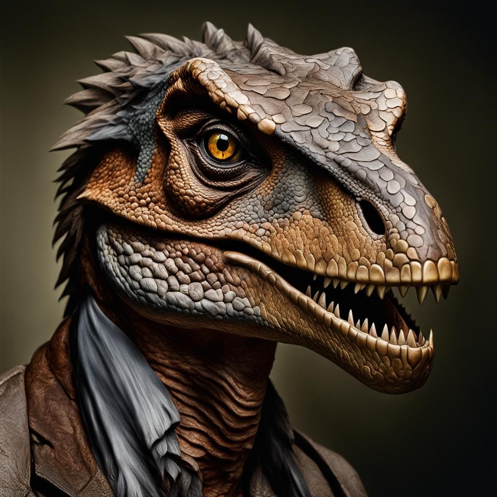 Hyperrealistic Velociraptor-Human Portrait in Cinematic Real...