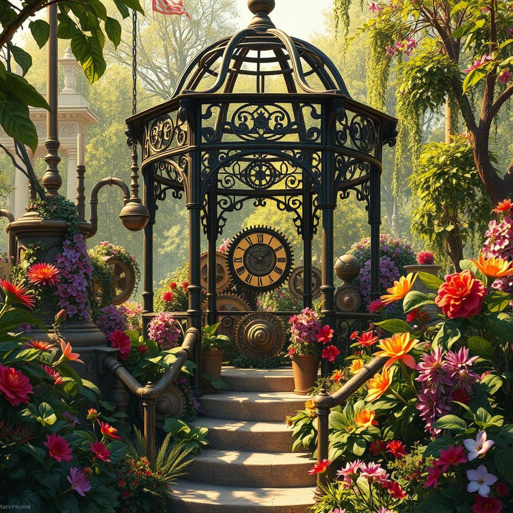 Steampunk Floral Garden With Clockwork Gazebo