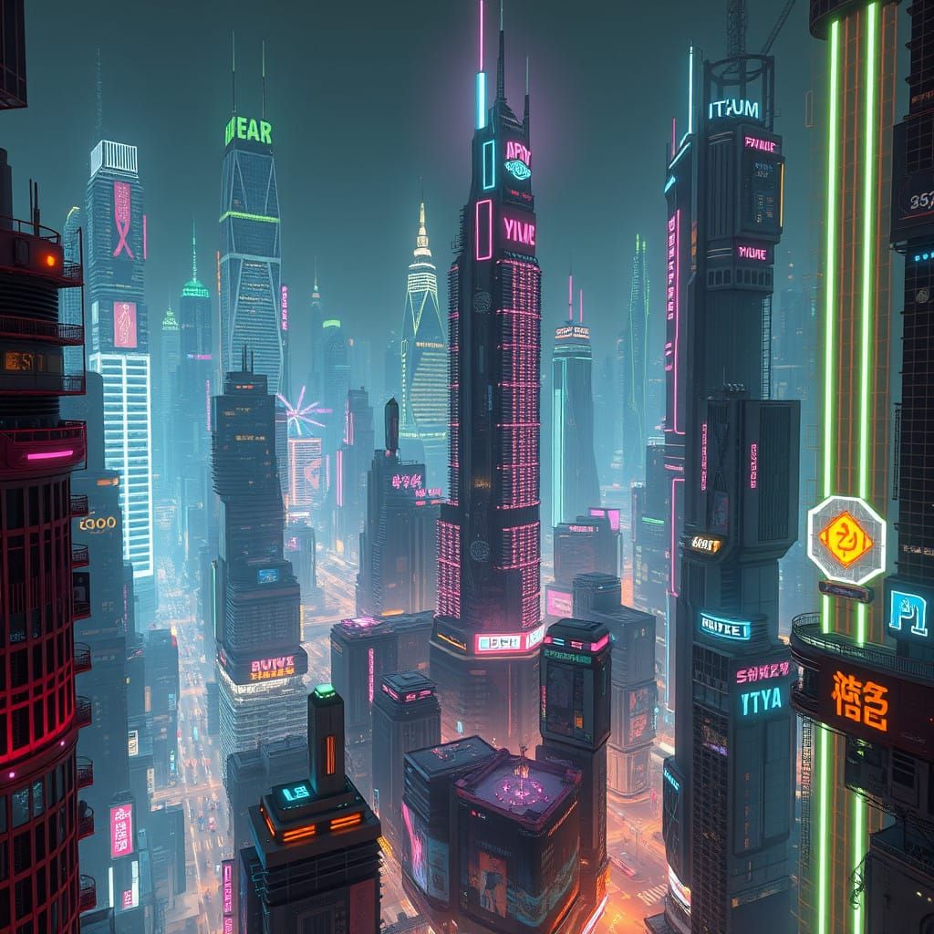Surreal Futuristic Metropolis in Cyberpunk Aesthetic