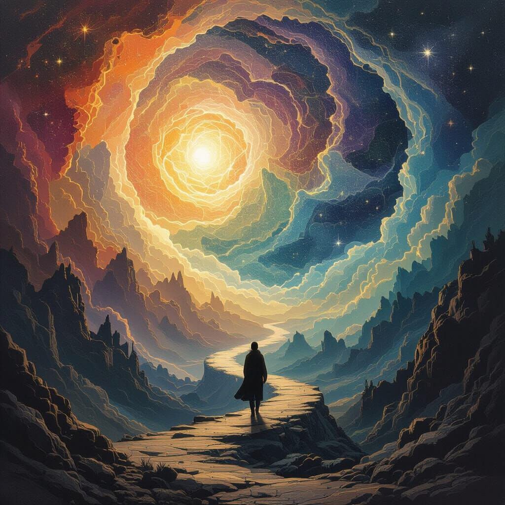 Escher-esque Art: Soul Ascension in Ethereal Cosmic Colors