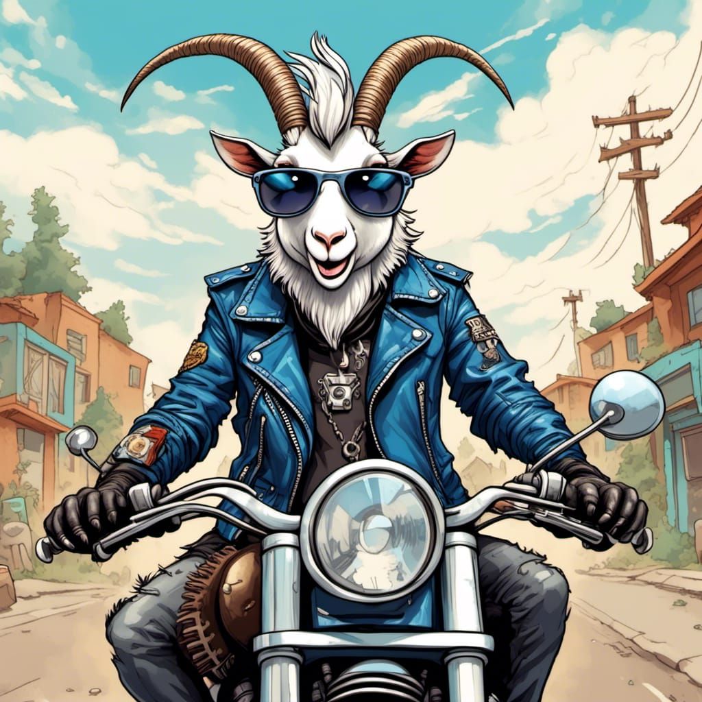 Smiling Anthro Goat Biker on Motorcycle