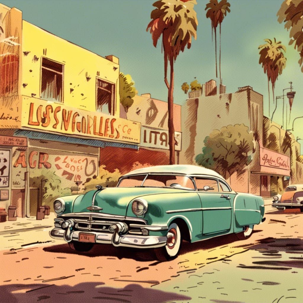 1950s los angeles street, 1950 cartoon, postcard, advertisem...