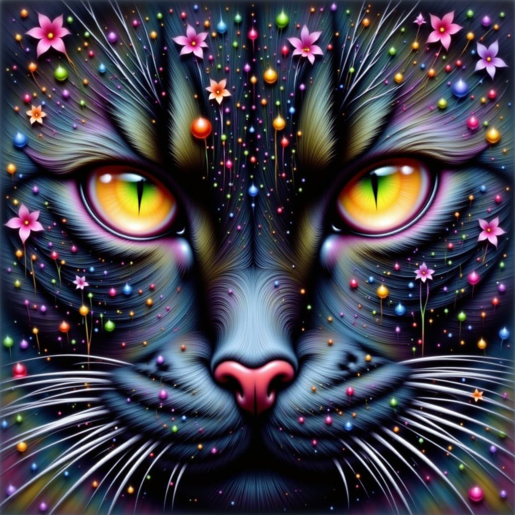 Macro Close-up of a Black Cat with Green Eyes