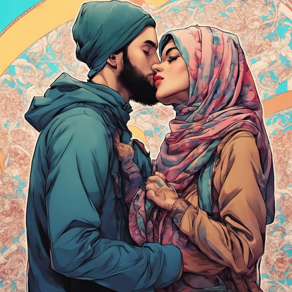 Romantic Kiss: Colorful Manga-Style Image of Woman in Hijab