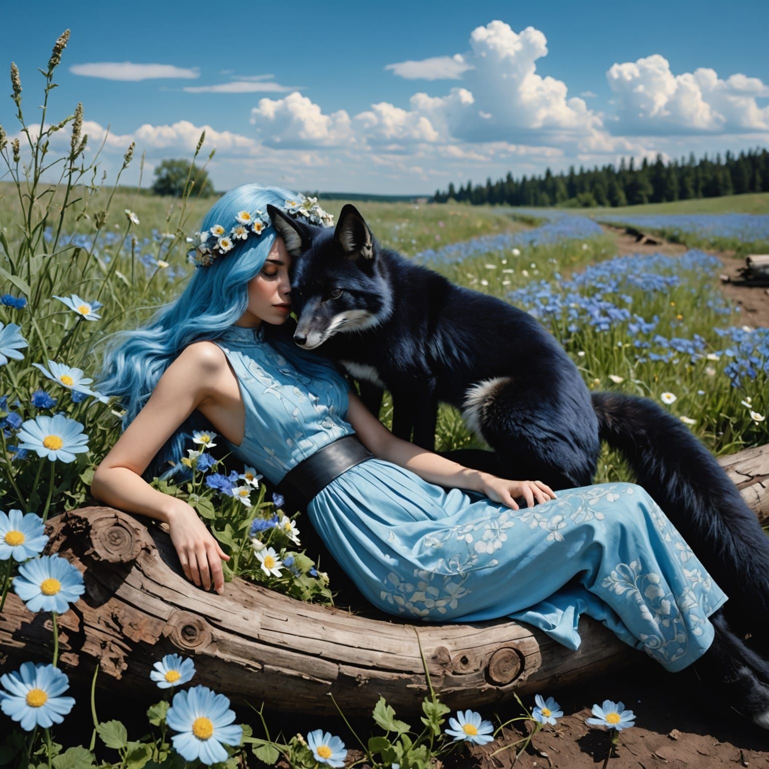 The black fox runs through the day,
Cicadas' chirping fills the quiet.
The scent of flowers in the field lures,
But fear...