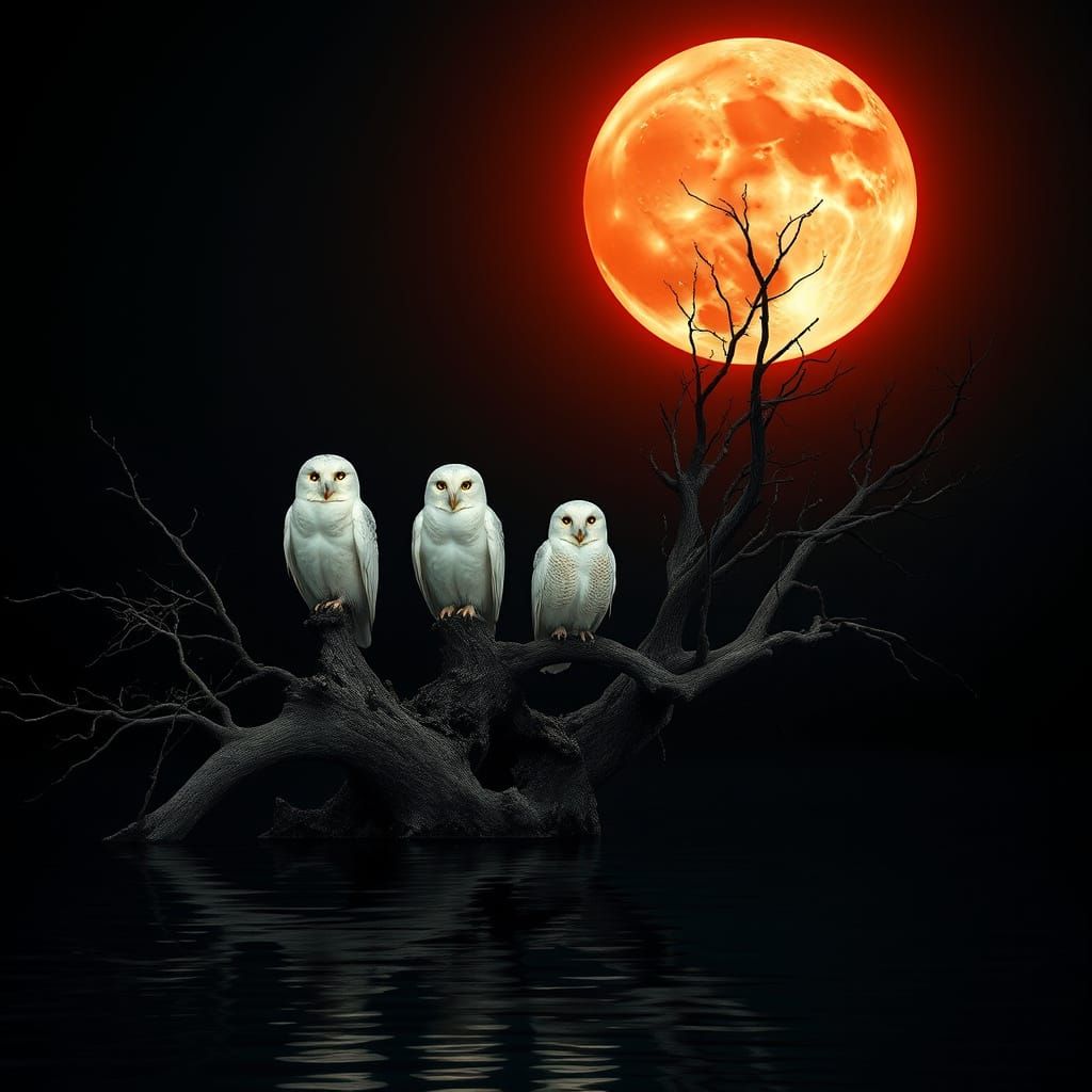 Moonlit Owls in a Haunting Landscape
