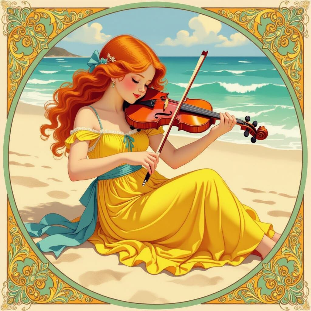 Girl with Violin on Beach in Mucha-Inspired Style