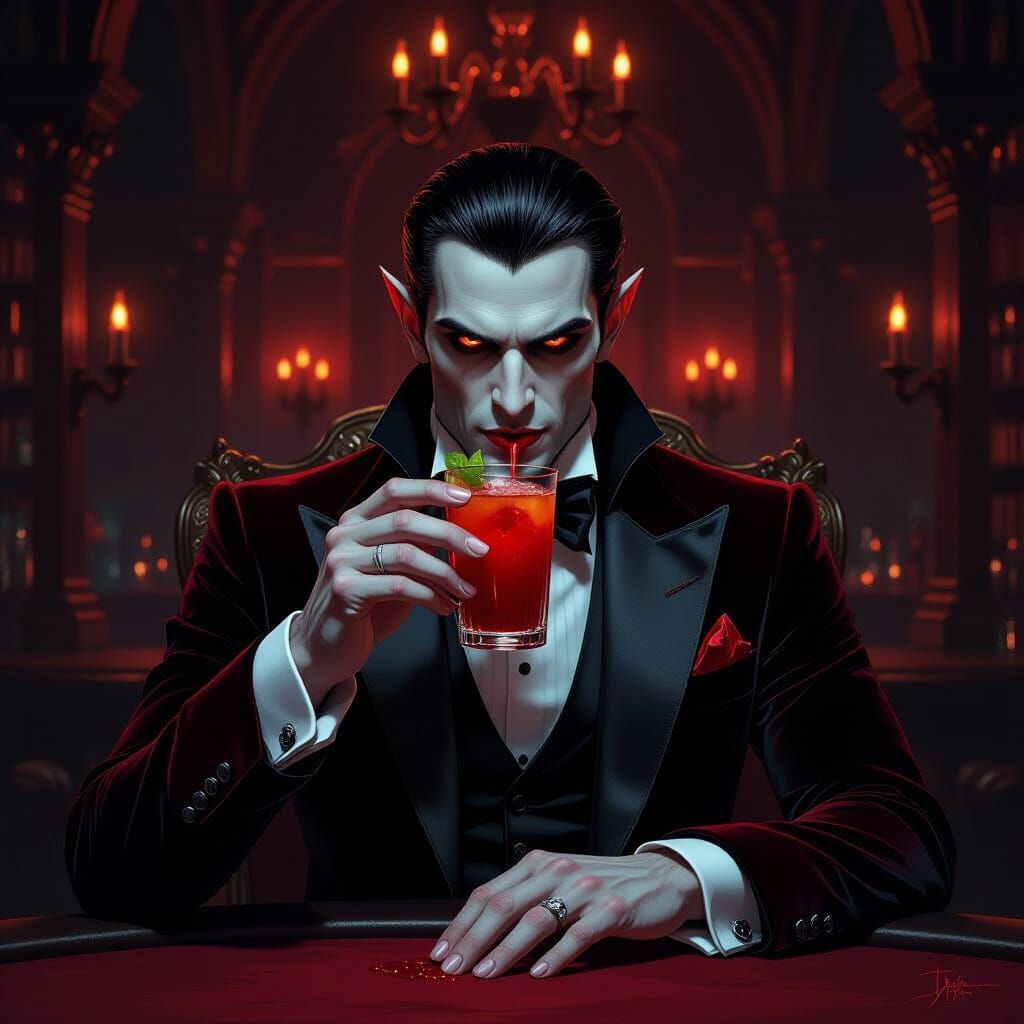 Vampire Enjoys Bloody Mary in Gothic Castle Bar