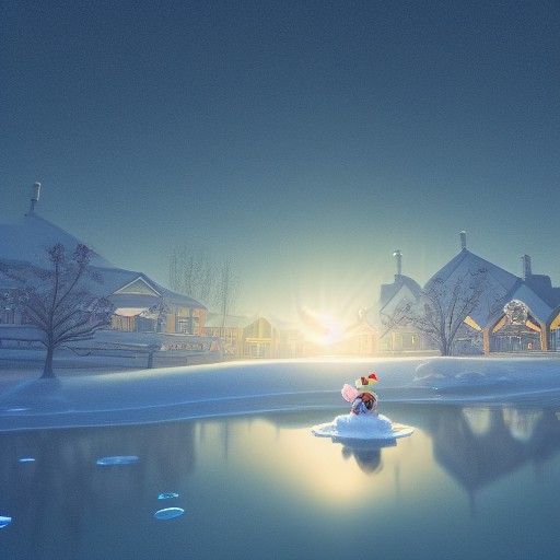 Winter City Sunset Reflection, Anime Style