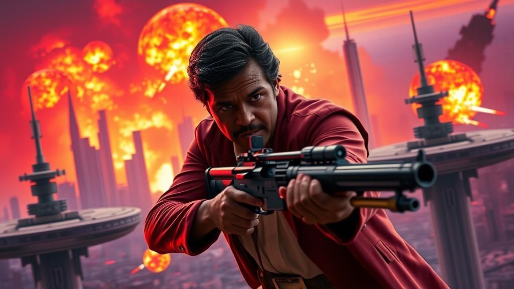 Lando Calrissian Action Portrait in Explosive Cityscape