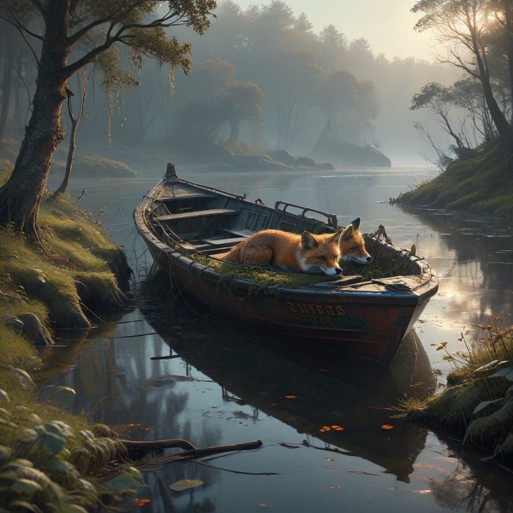 Majestic Foxes in a Dreamlike Lakeshore Scene