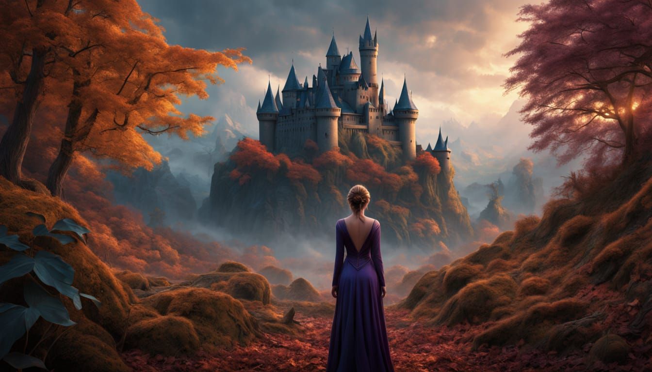 Surreal Autumn Goddess in a Golden, Mysterious Forest