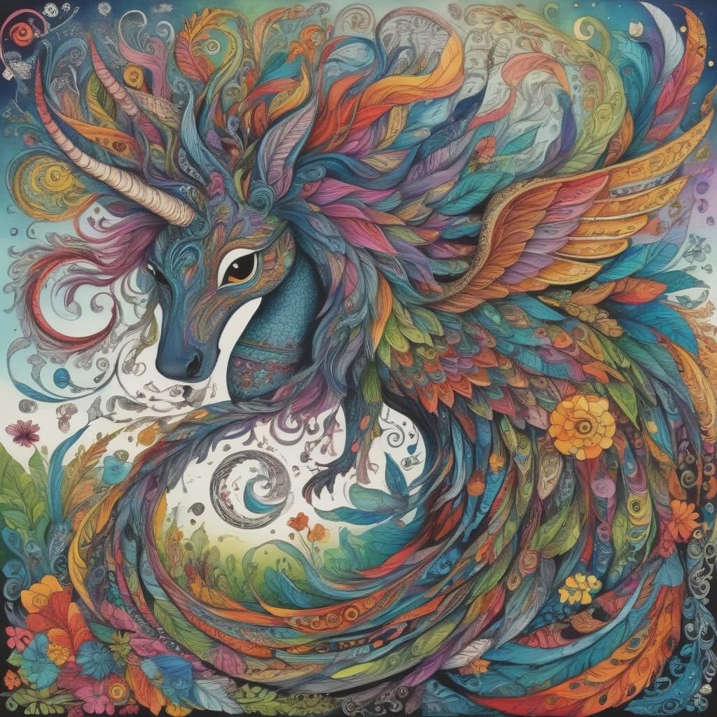 Colorful Zentangle Whirlwind of Magical Creatures