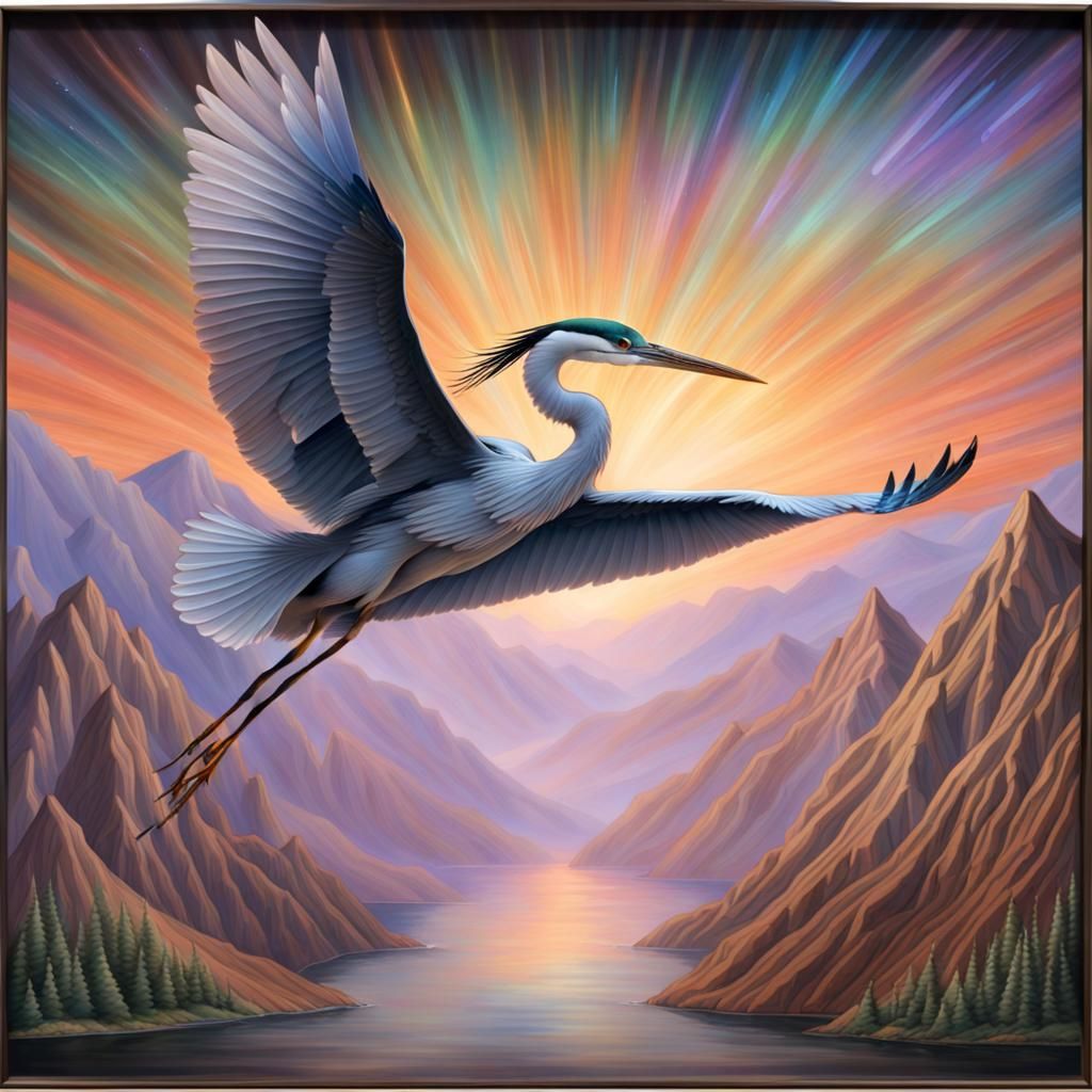 Holographic Heron Flying Over Mountains