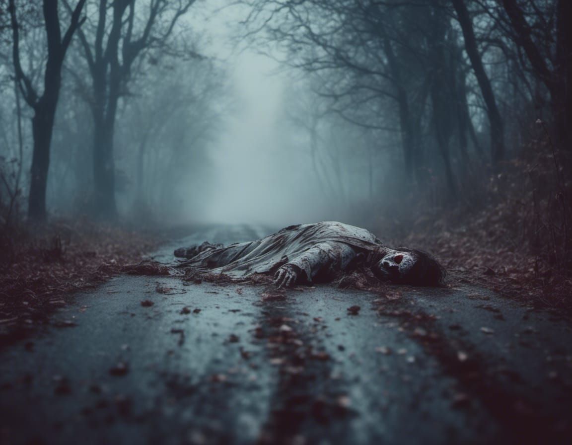 Macabre Ghost on Foggy Road with Bodies
