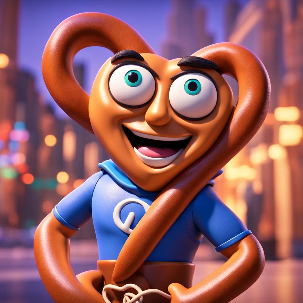 Pretzel Superhero in Pixar 3D Style