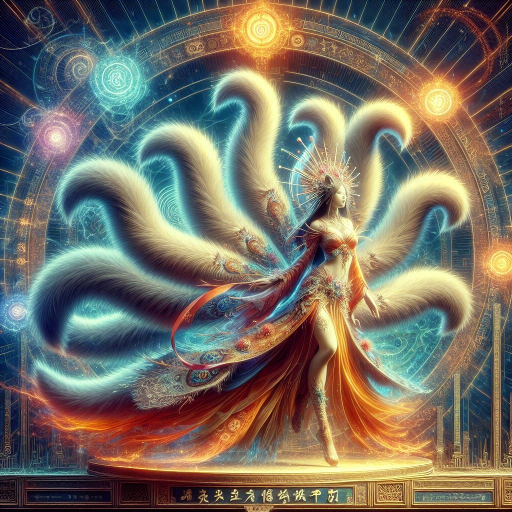 Victorious Nine-Tailed Fox in Romanticist Oil Painting