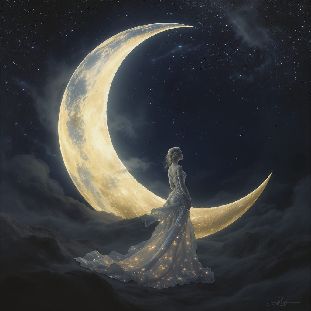 Ethereal Goddess Under a Colossal Crescent Moon