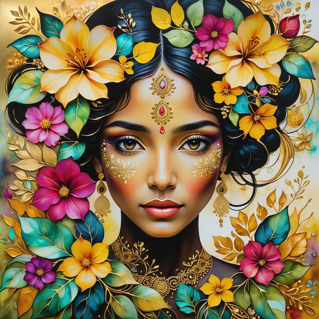 Indian Woman's Face in a Blooming Garden