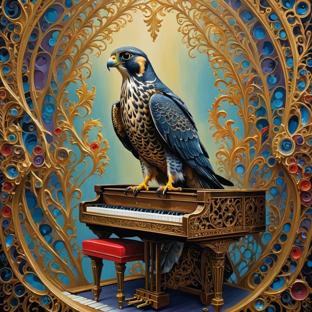Peregrine Falcon on Piano: Surreal Gouache Painting
