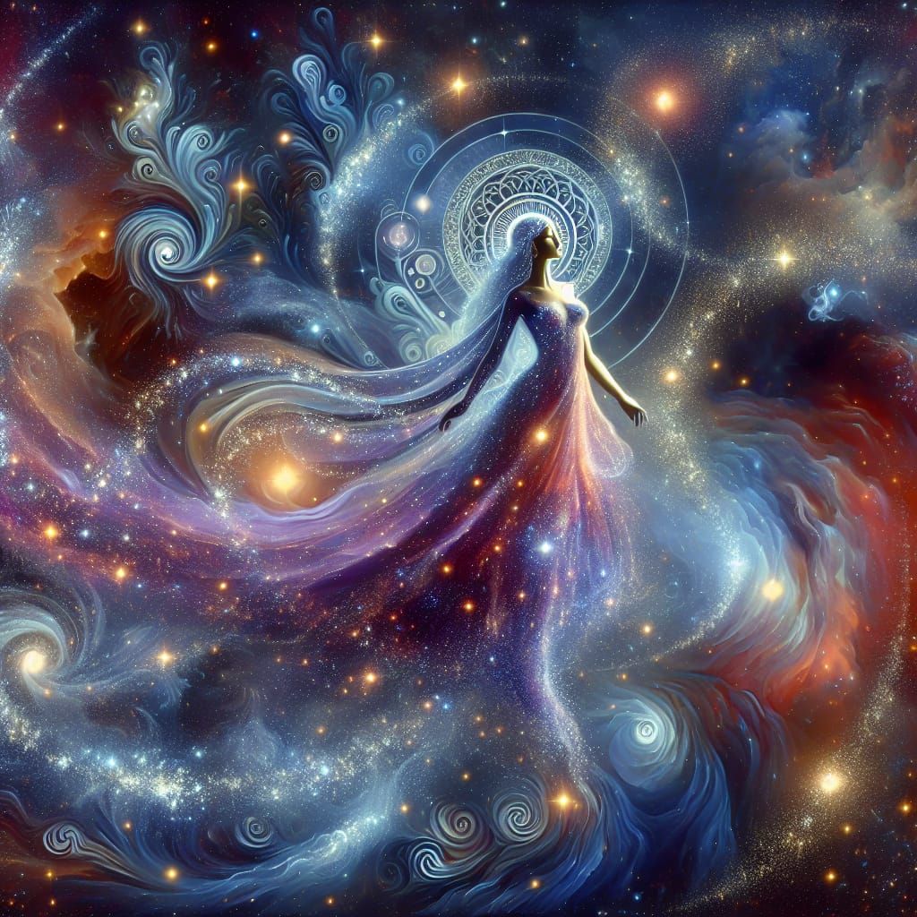 Ethereal Stardust Woman Ascending from Universe