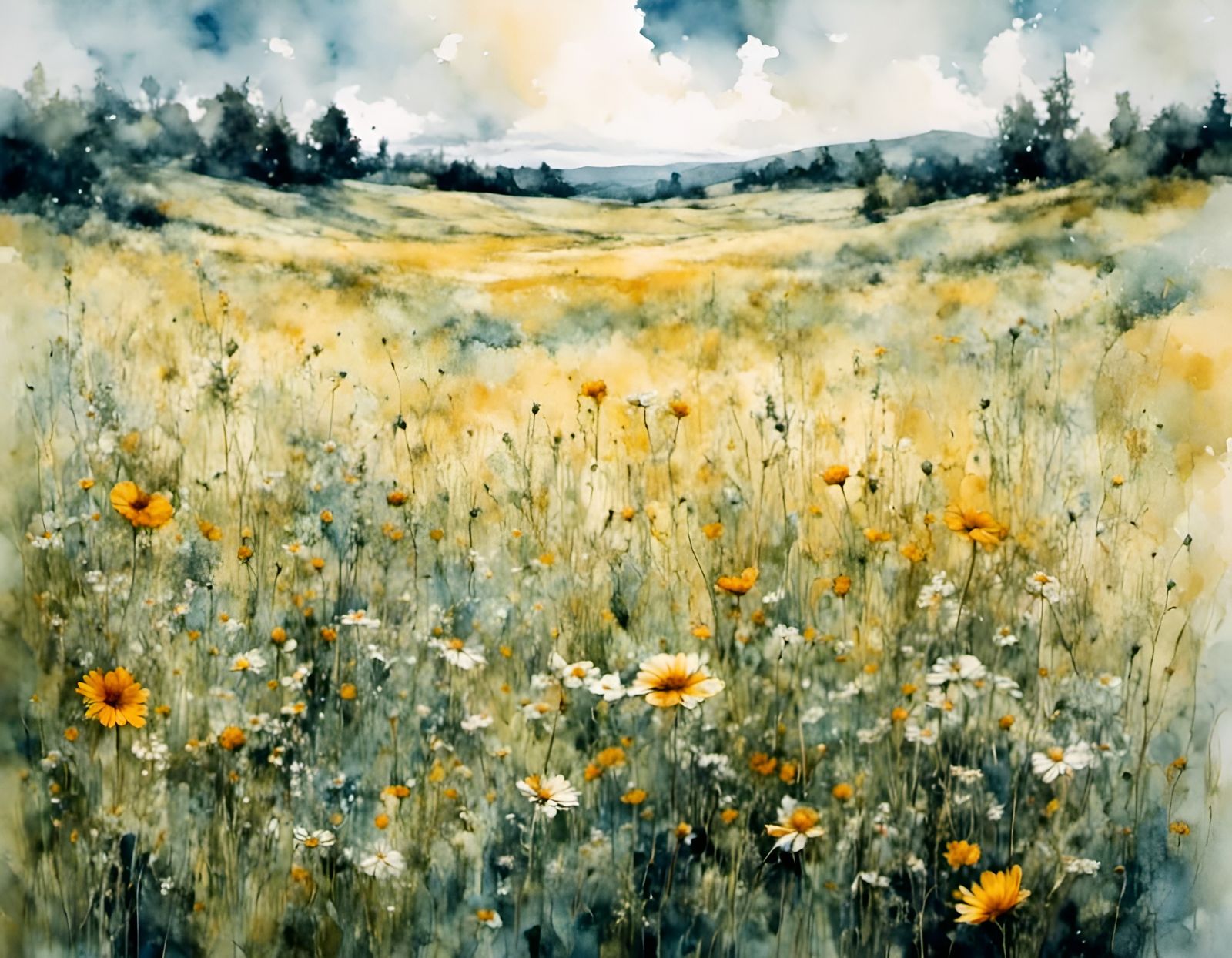 Watercolor Summer Meadow Landscape
