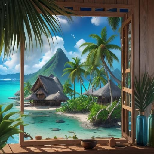 Fantasy Island Scene with Bungalow in 3D Digital Art