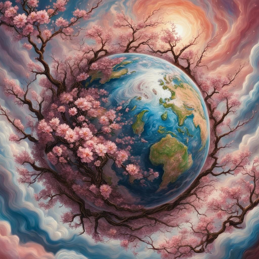 Cosmic Cherry Blossom: Surreal Planetary Chaos