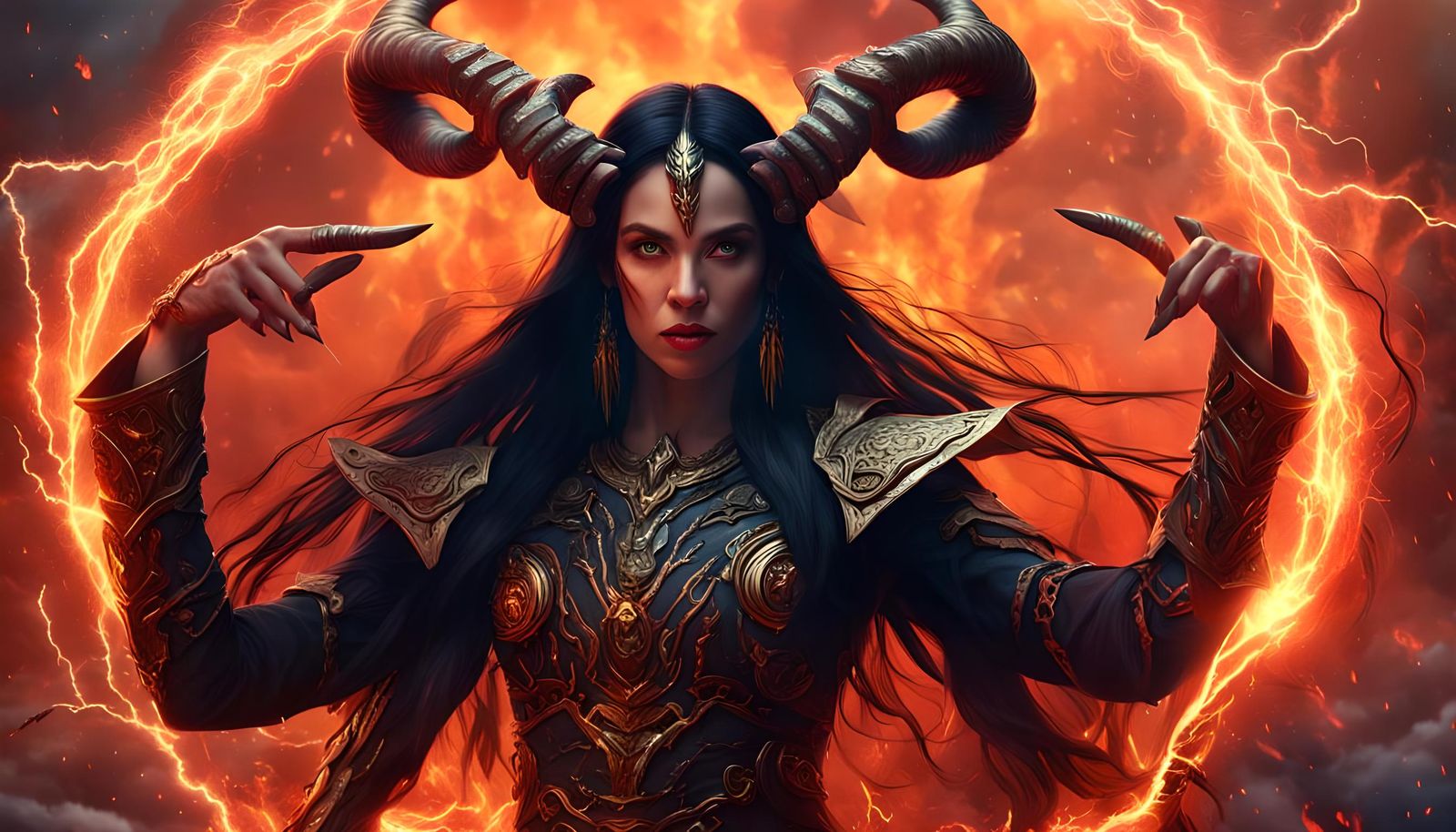Goddess of demons, big horns out of her skull, long black ha...