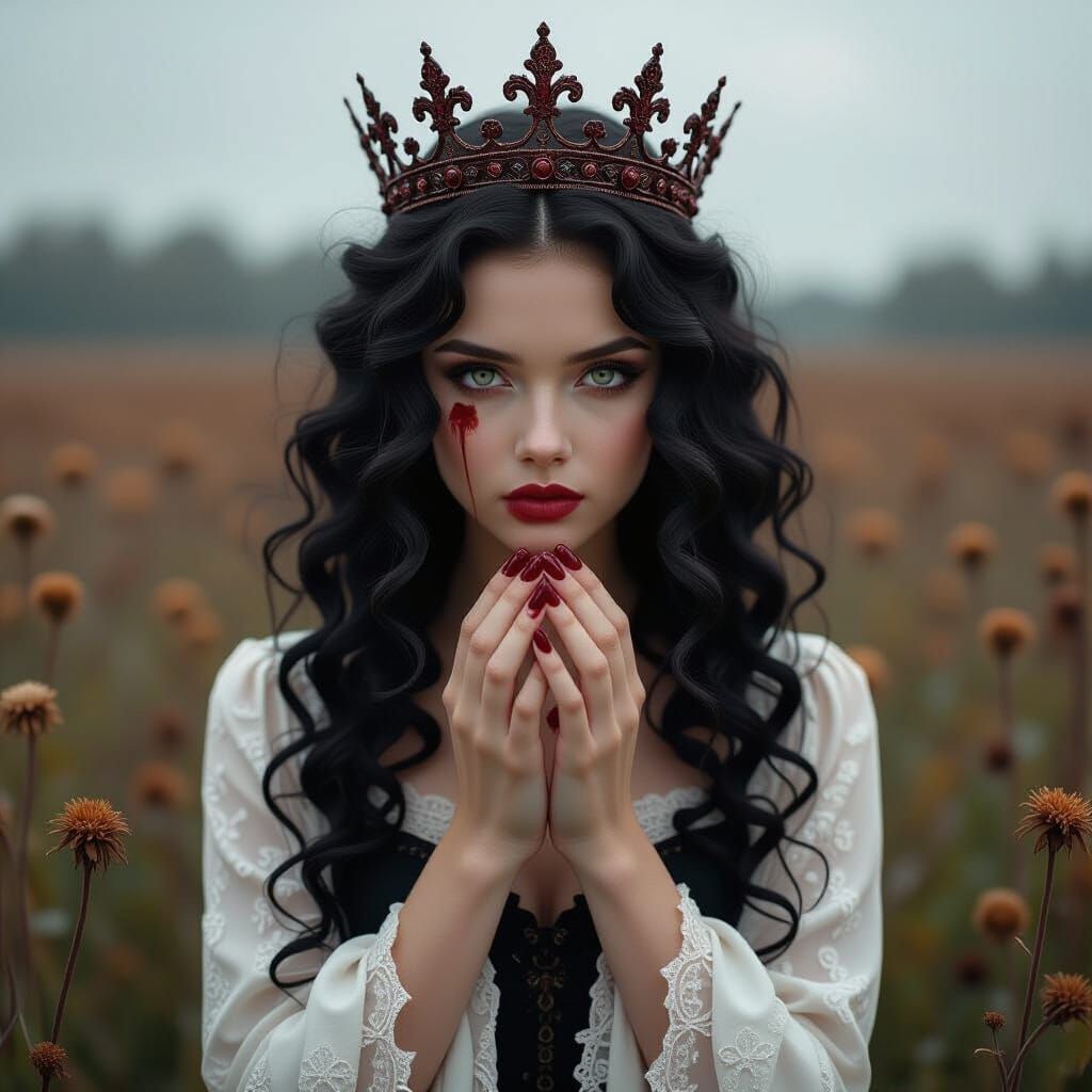 Despairing Queen in Field of Withered Flowers