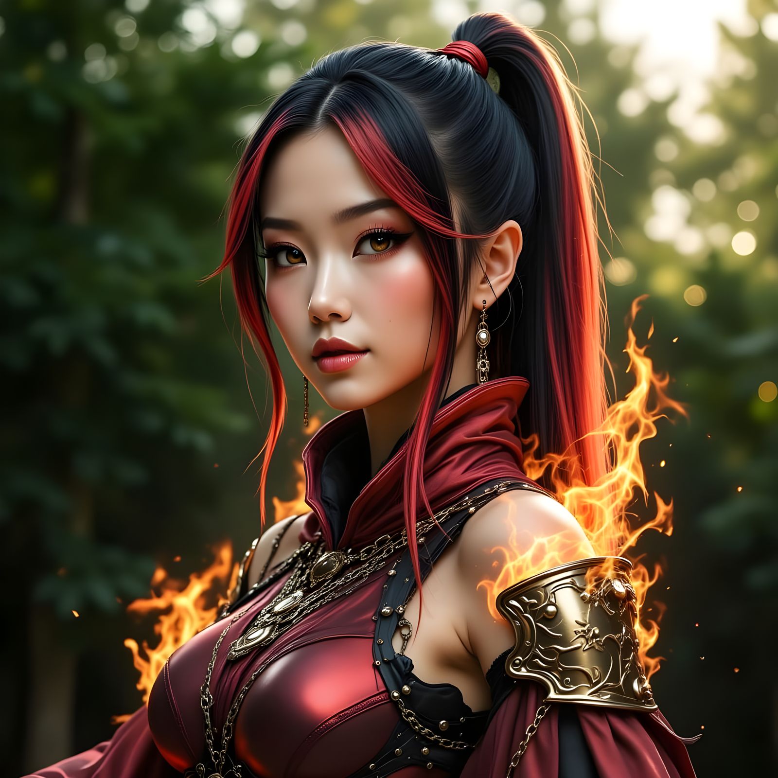 Cyberpunk Fantasy Warrior Emerges from Fiery Aura