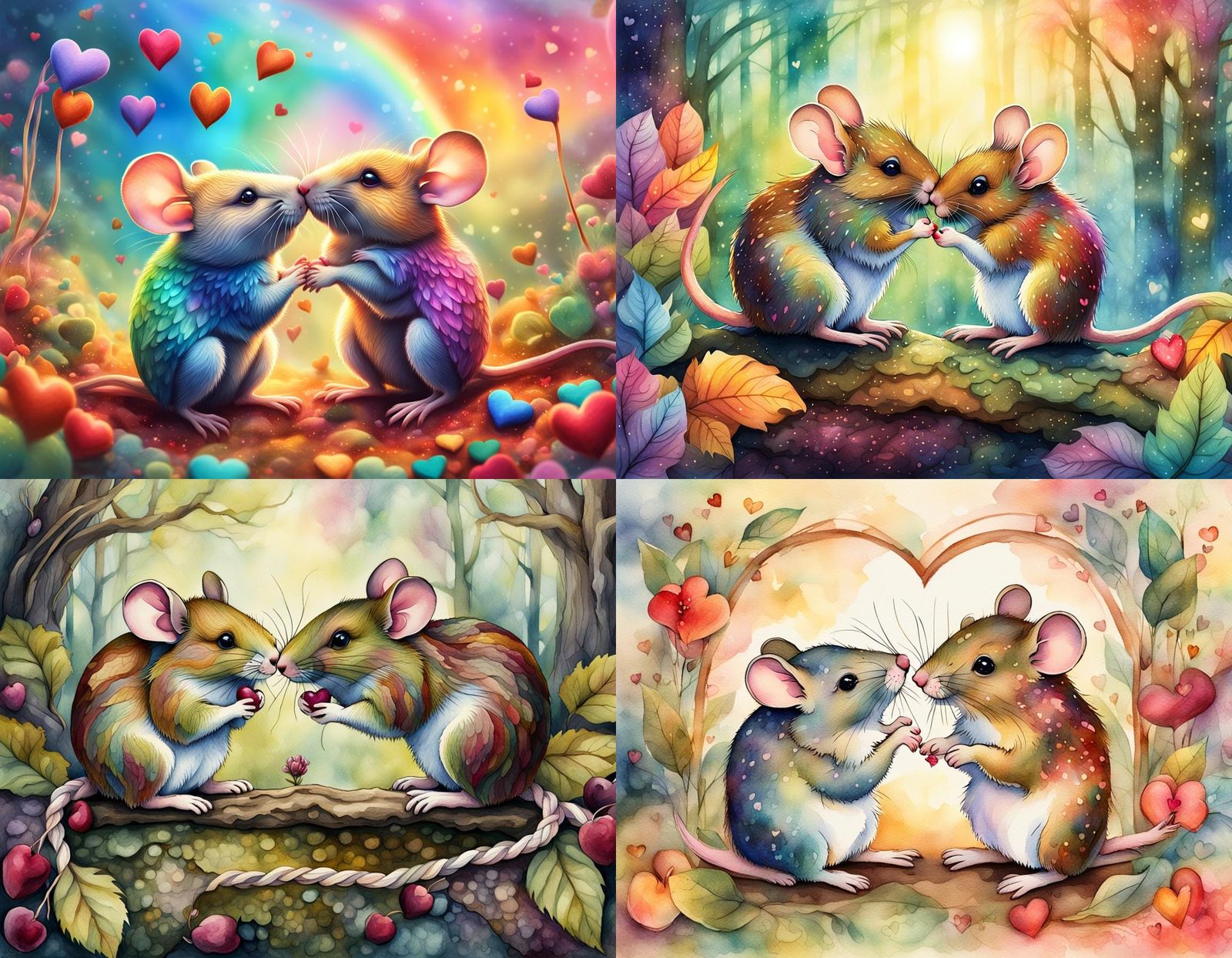 Kissing Wood Mice with Rainbow Heart, Watercolour Painting