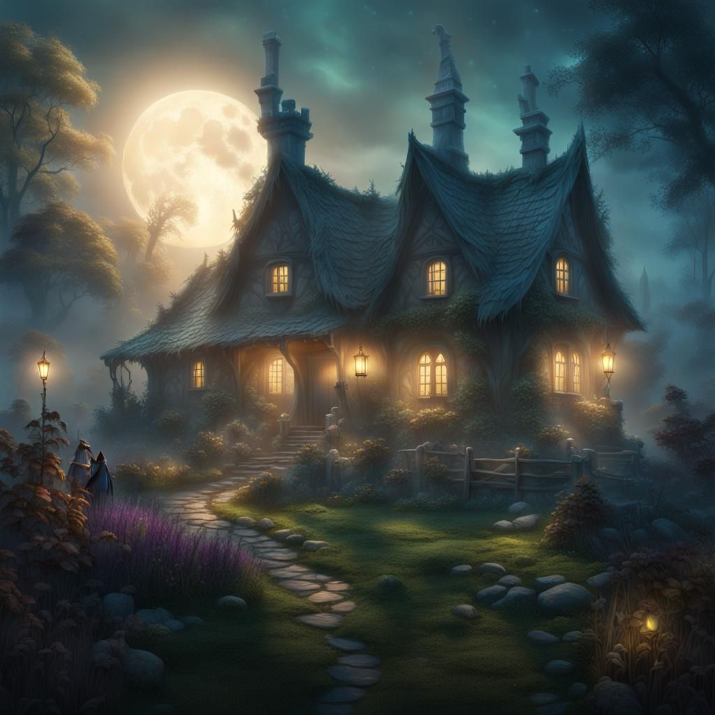 Witch Rides Broom Through Mystical Faerie Glade