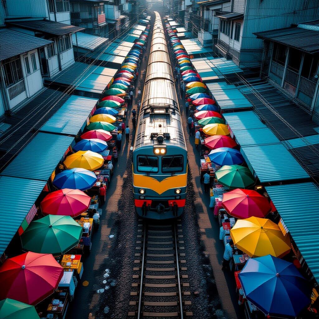 Maeklong Railway Market: A Futuristic Drone's-Eye View