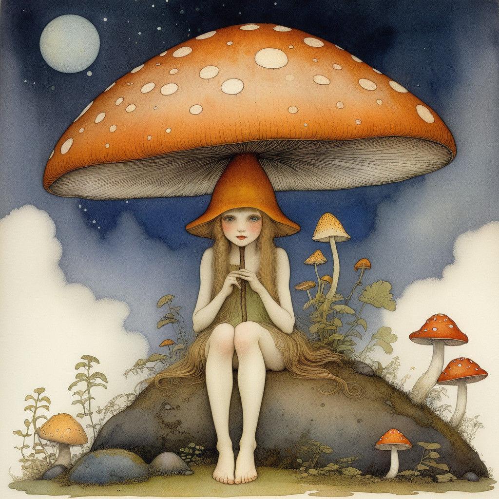 Enchanted Pixie with Mushroom Umbrella in Whimsical Watercol...